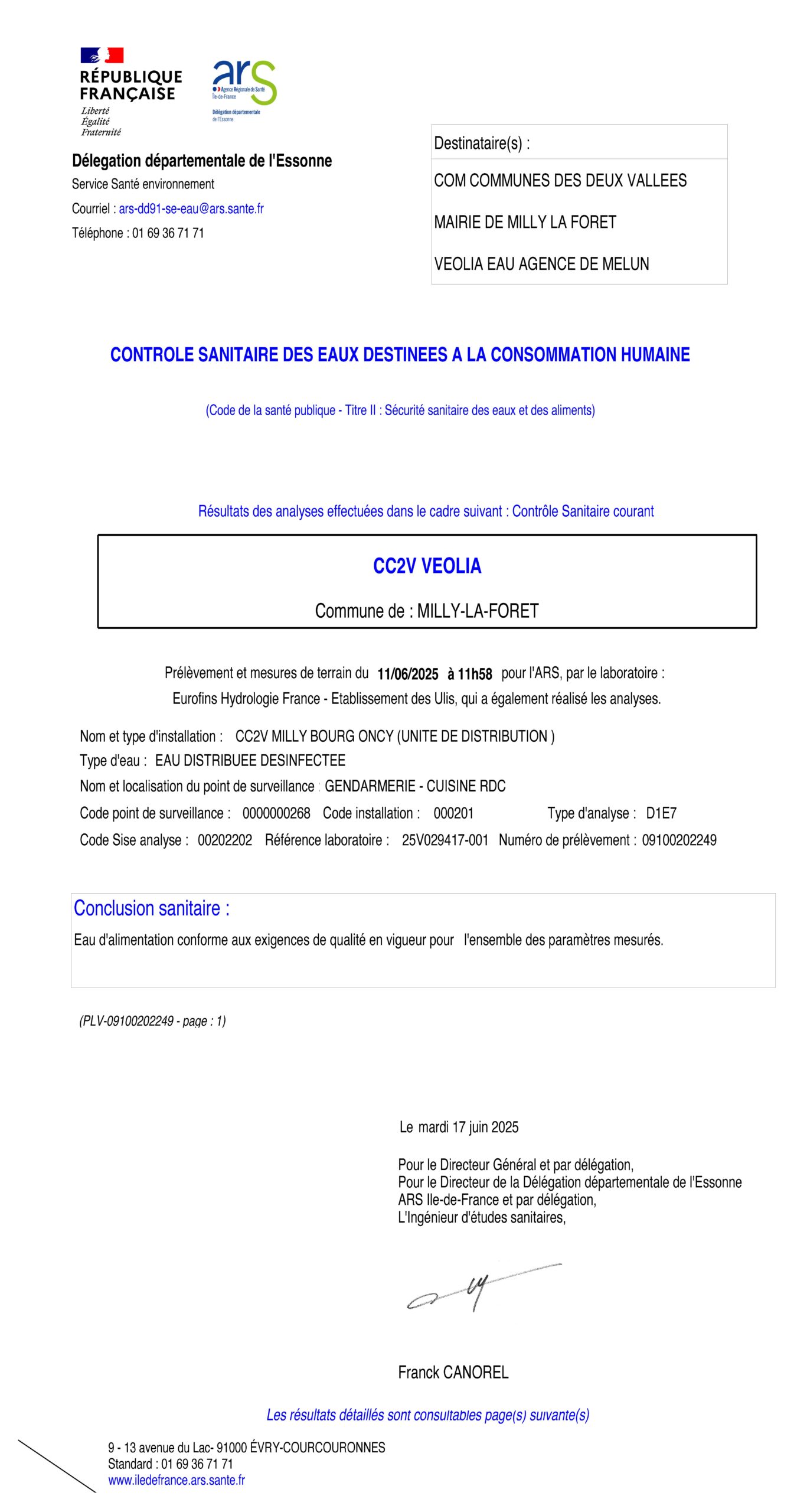Lire la suite à propos de l’article Qualité de l’eau potable et de l’eau de la piscine à Milly-la-Forêt